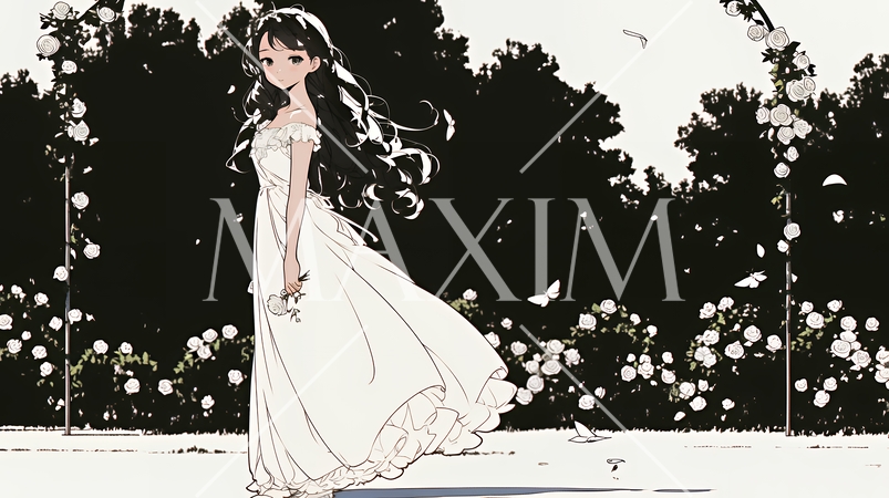 バラ園を散策している若い女性（シンプルな色使い）