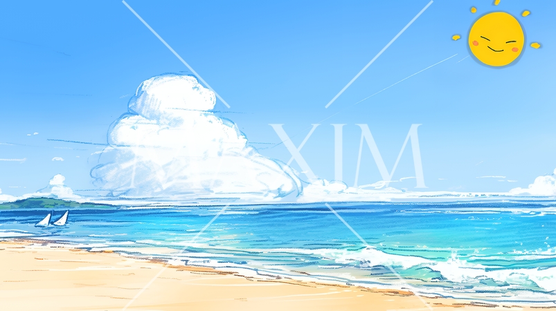 夏の青い空、青い海、白い雲と砂浜のコントラスト（クレヨン＋水彩画風）