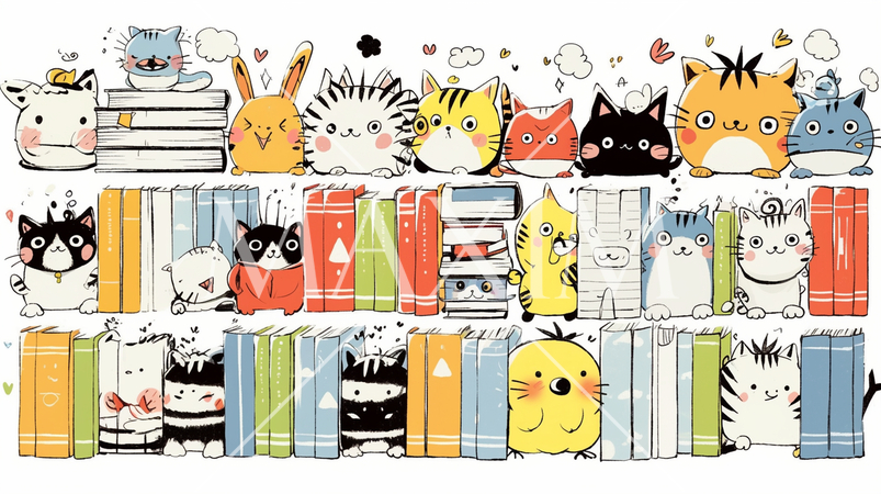 みんな本が大好き：読書週間や読書を促すためのかわいい挿絵・背景画