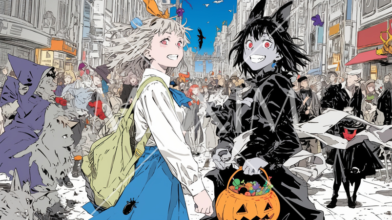 仲間とハロウィンイベントに参加する若い女性たち