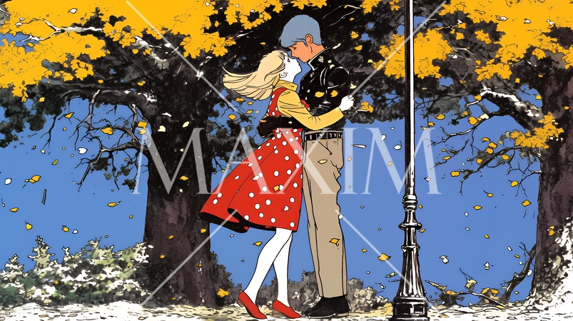 紅葉の公園でデートをしている若い男女のカップル