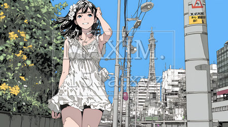 夏の昼下がり、白いドレスを着て街歩きをしている若い女性（イラストID:5190046-18004）