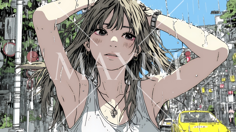 夏の急な雨でびしょ濡れの若い女性