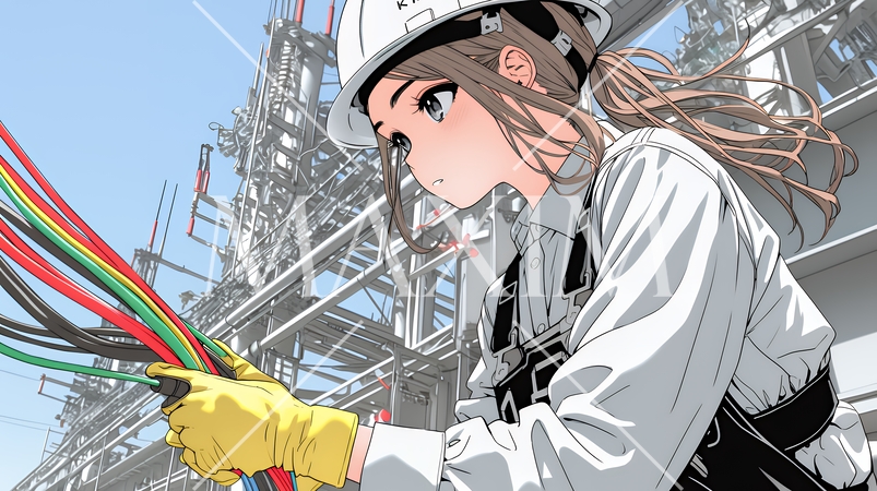 配線工事をしている女性作業員