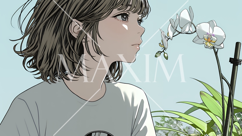 蘭の花と若い女性