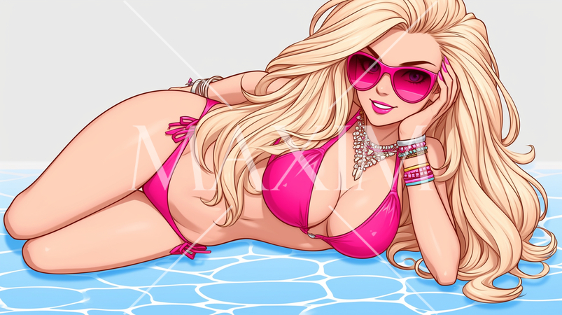 ピンクのビキニを着て波打ち際にいる若い女性