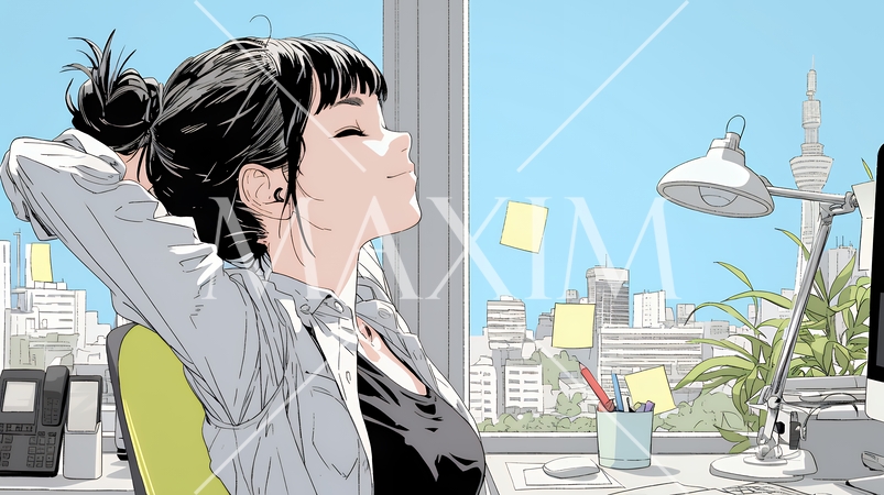 仕事の合間にストレッチ（伸び）をする女性