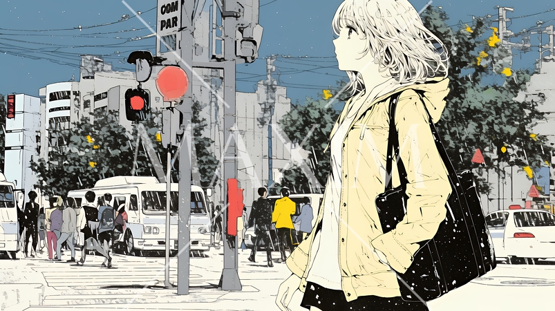 雨の中を傘をささずに歩く若い女性