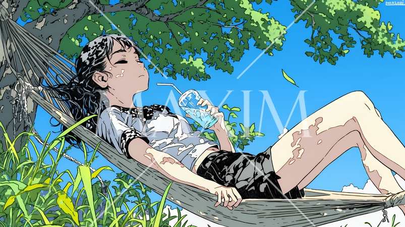 のんびり・ゆったり：夏の昼下がり木陰のハンモックで寛いでいる若い女性