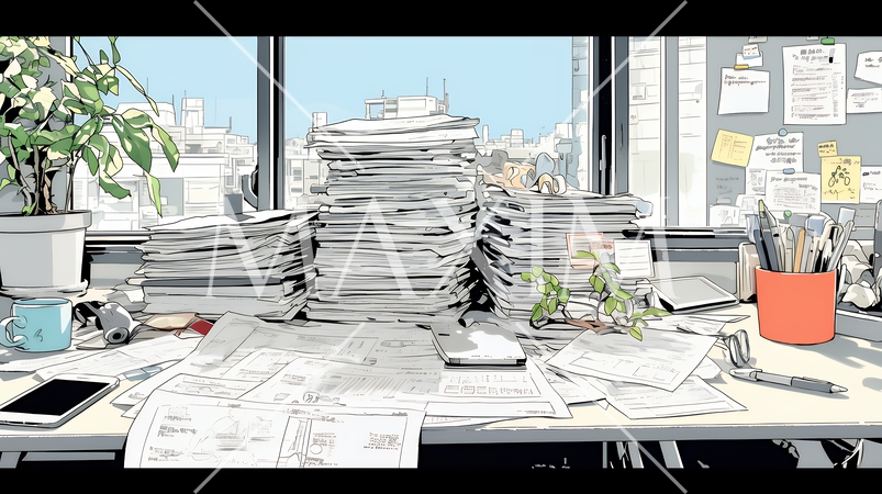 机の上に書類が山のように積まれている：書類整理ができていない状態