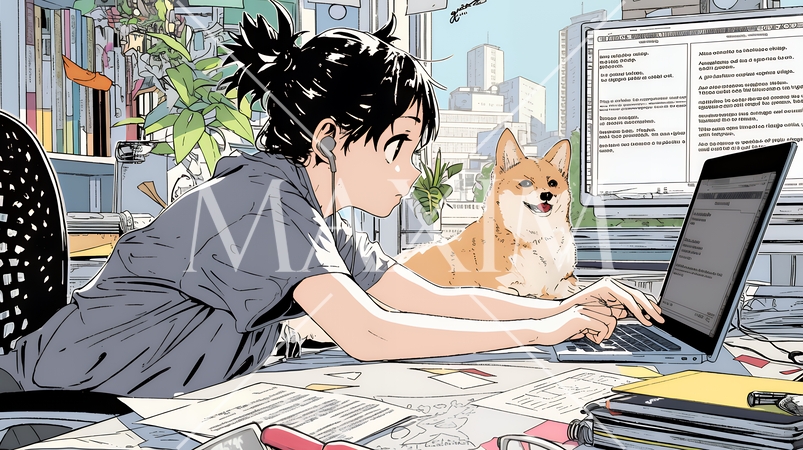 自宅でのリモートワークの場面：ペットのイヌと奮闘中