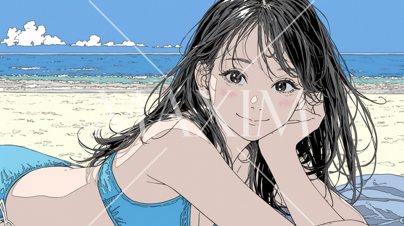 南国の海岸にビキニ姿でいる若い女性