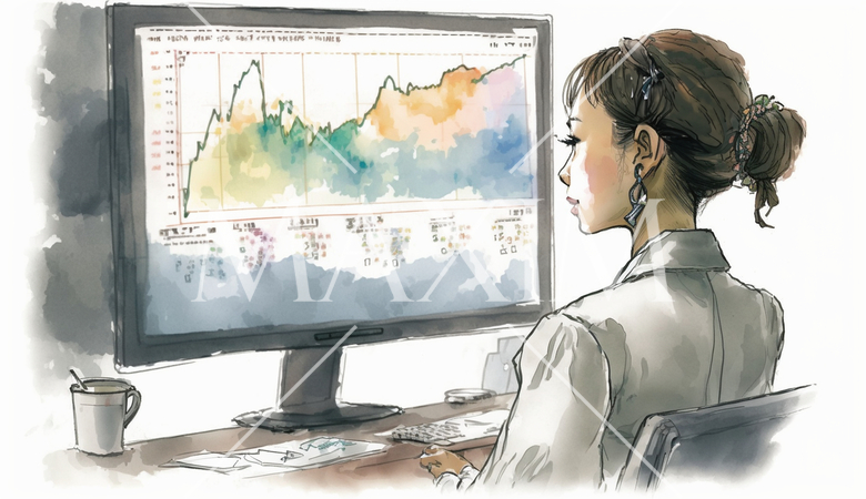 デスクに向かって取引画面を操作する女性トレーダーの横顔。