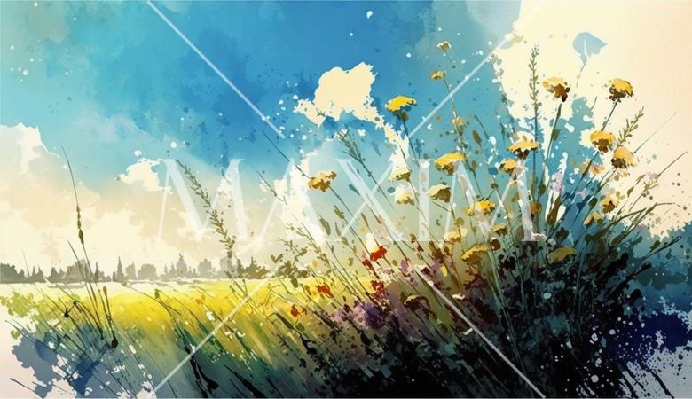 草原と青空を水彩画で表現