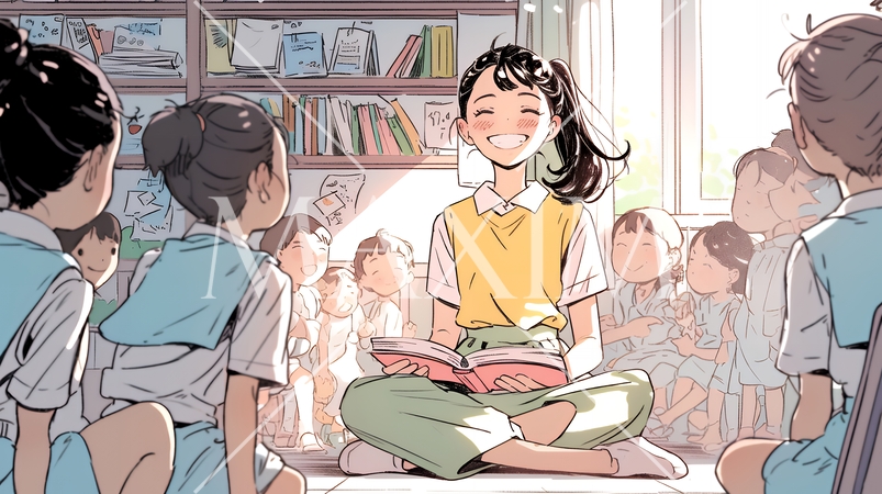 児童と若い女性の先生