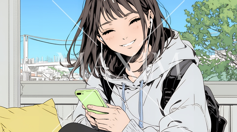 楽しそうにスマホ画面を眺めている若い女性