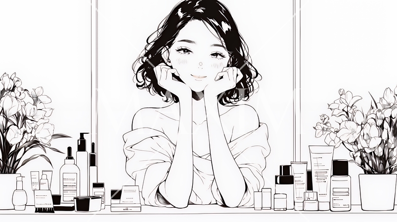 スキンケアを念入りに行う若い女性（シンプルな色使い）