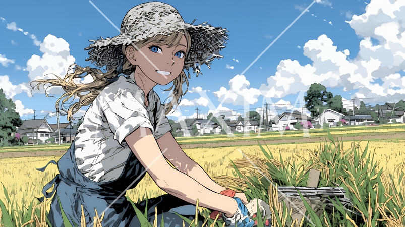 田んぼで農作業をしている女性