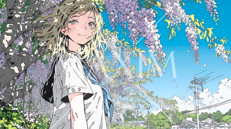 満開の藤の花の下を歩いている女子高生