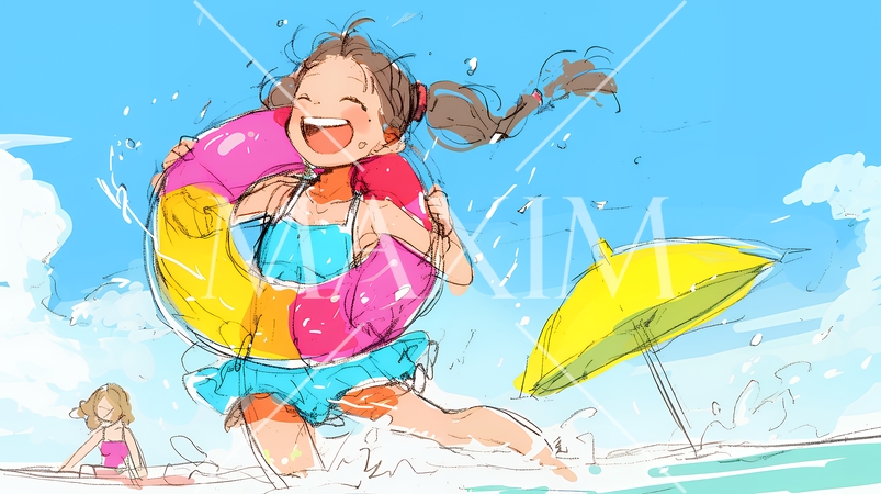 小学生の夏の思い出：海水浴（クレヨン＋水彩画風）