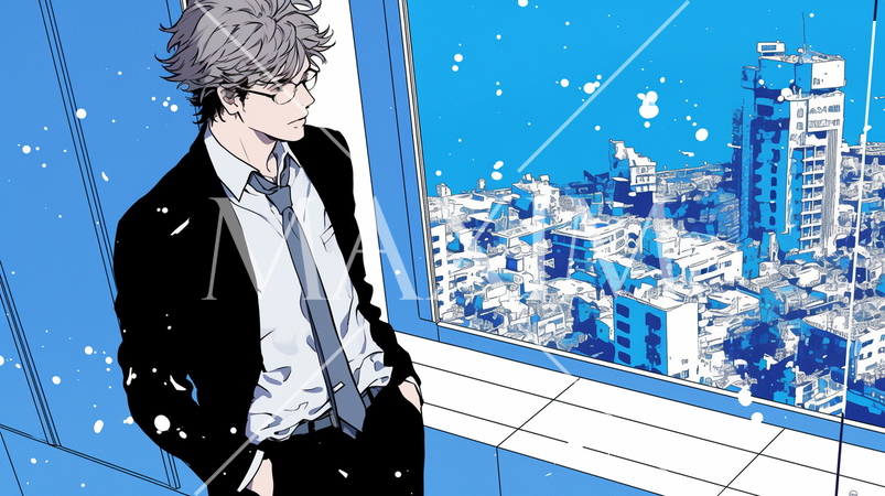 高層オフィスの窓から下を眺めているサラリーマン