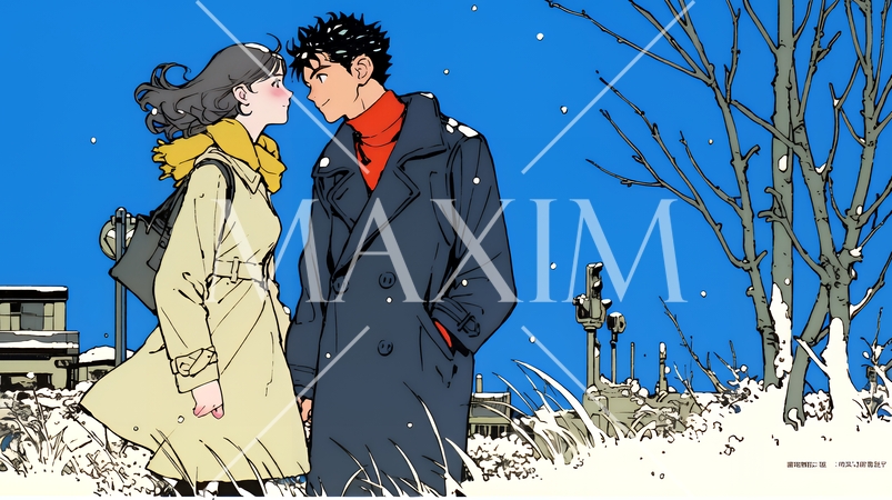 冬枯れ街をデートしている若い恋人たち