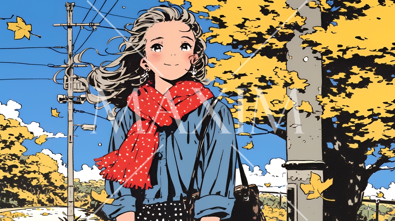 紅葉の小径を歩く若い女性