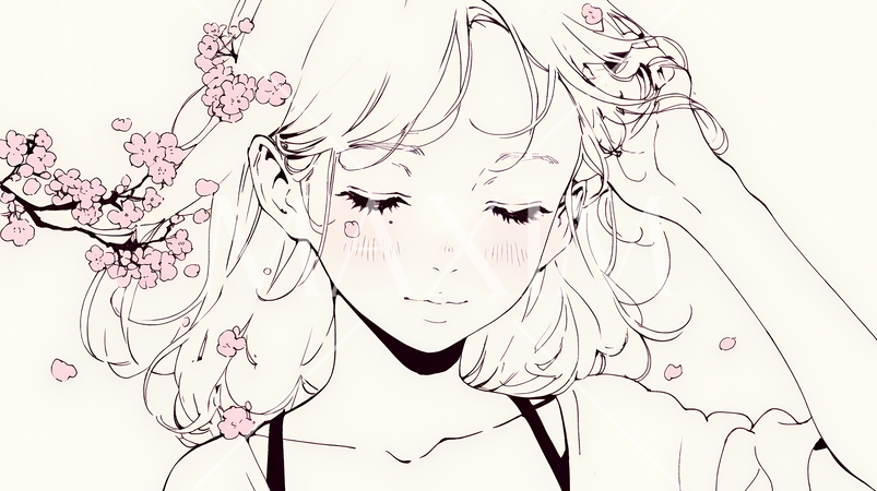満開の桜の下、春風に乱れた髪を整える若い女性（シンプルな色使い）