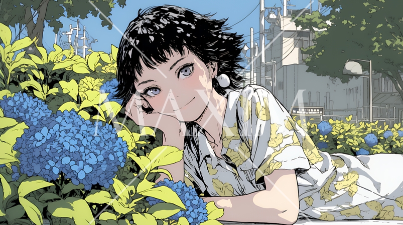 あじさいとカジュアルな服装の若い女性