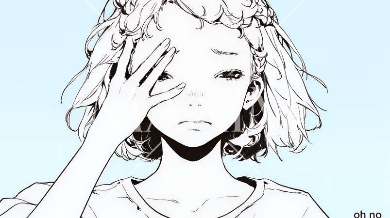 額に手を当てて「困ったな」ポーズをしている若い女性（シンプルな色使い）