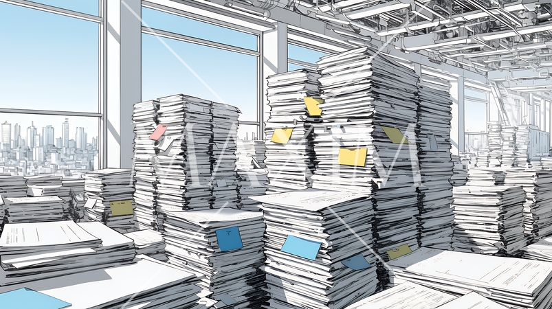 机の上に書類が山のように積まれている：書類整理ができていない状態