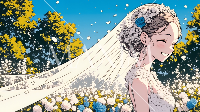 白いウェディングドレスを着ている花嫁：ジューンブライド