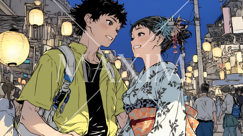 縁日屋台が立ち並び、賑わいを見せる祭りの夜