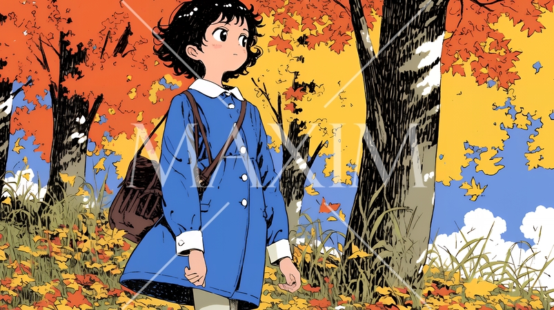 紅葉の小径を歩く少女