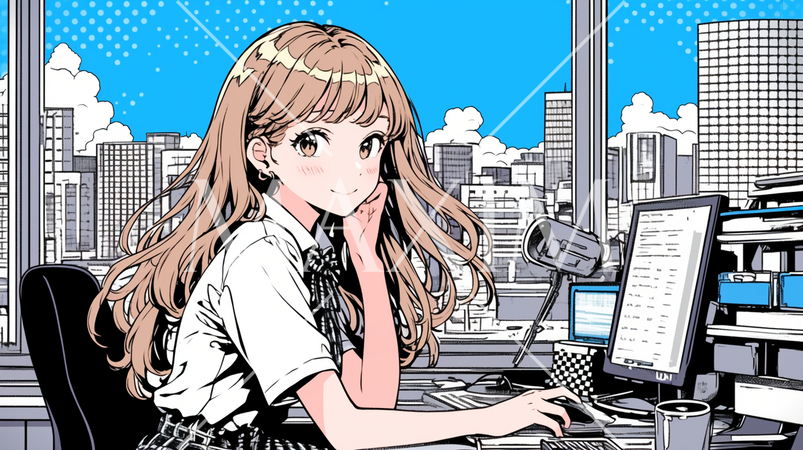 夏の空が窓から見えるオフィスでPCで作業中の若い女性