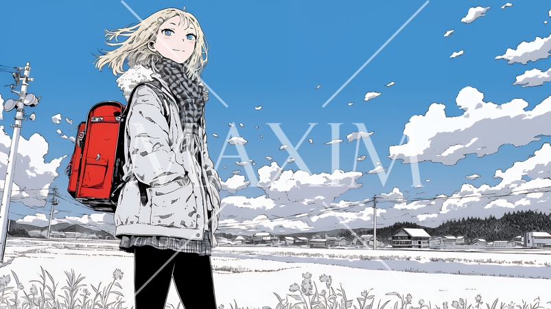 雪の積もる田舎道を歩いている若い女性