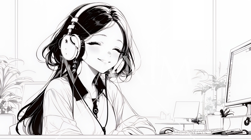 近代的なコールセンターのオフィスで働く女性オペレーター（シンプルな色使い）