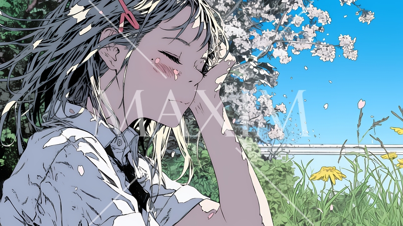 満開の桜の下、春風に乱れた髪を整える若い女性