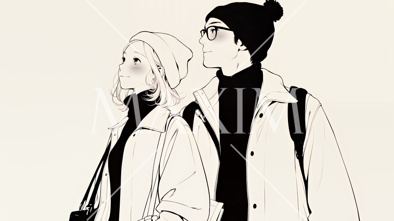 希望に満ちたライフスタイルを過ごす若いカップル：未来を見つめている（シンプルな色使い）