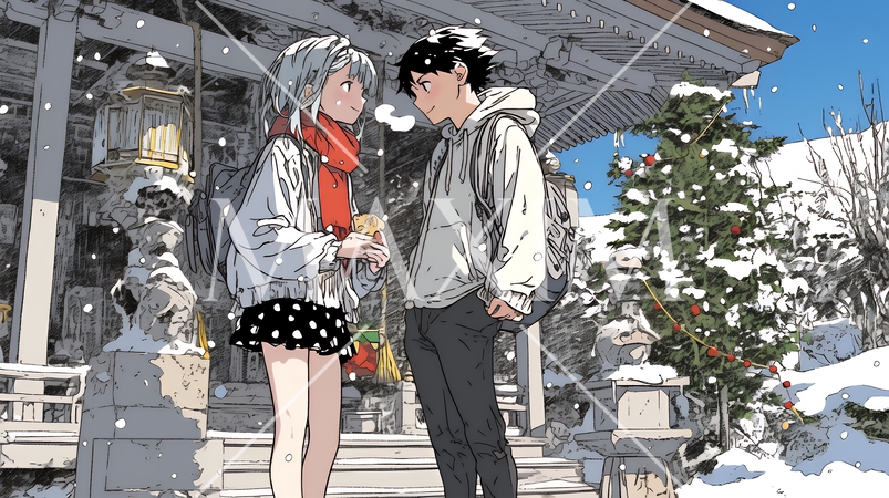 初詣をしている若い恋人カップル