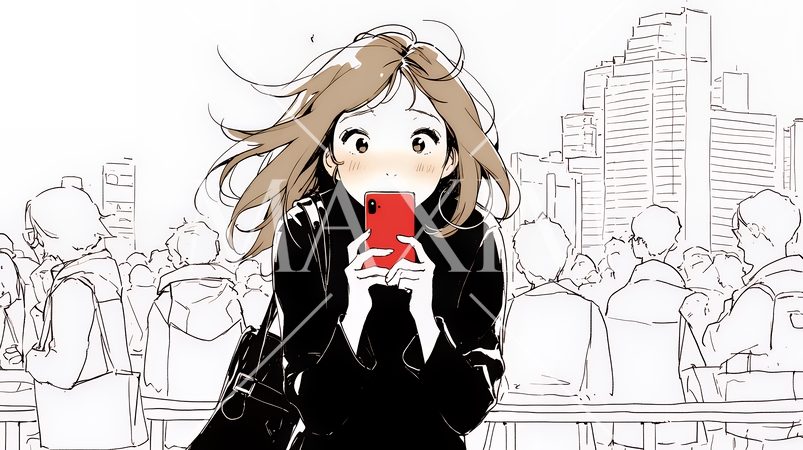 スマホの画面を見て驚いている若い女性（シンプルな色使い）