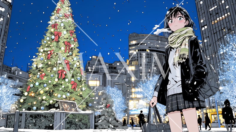 クリスマスイルミネーションが美しい街を散策する若い女性