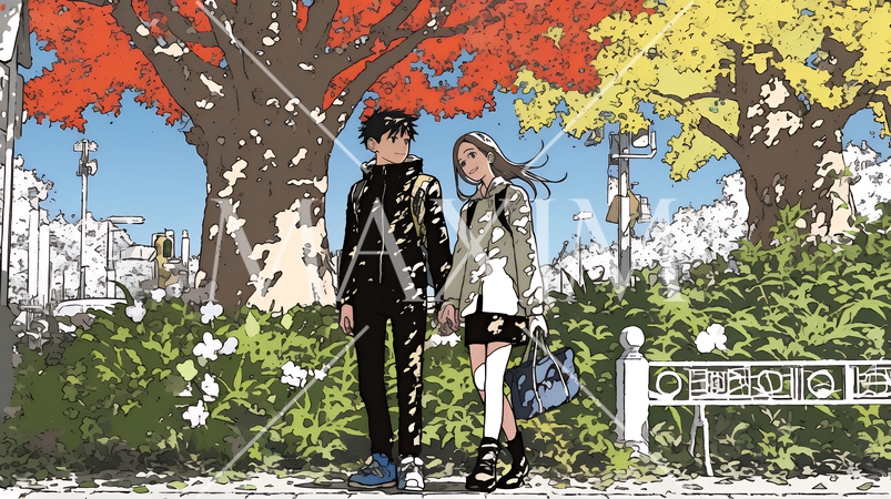 紅葉の公園でデートをしている若い男女のカップル