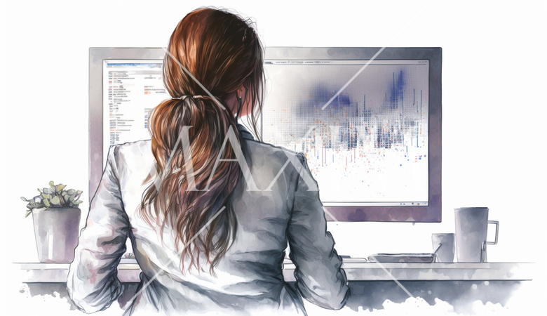 モニターに表示された株価チャートと注文画面を見つめる女性トレーダーの後ろ姿。