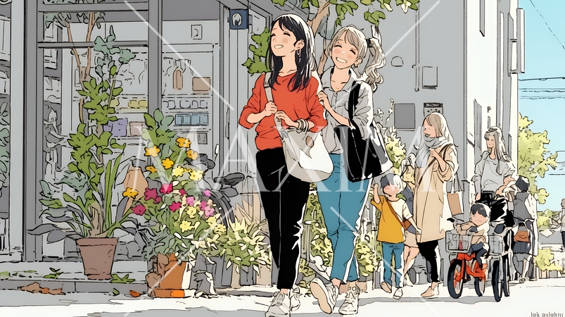 道端で会話を楽しむ若い主婦たち（ママ友たち）