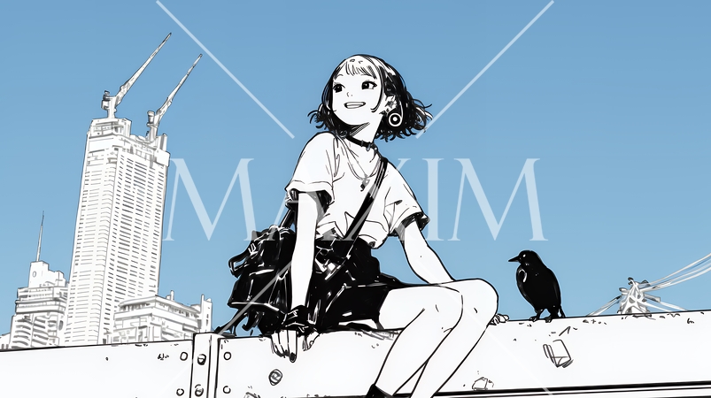 若い女性が佇む都市の街角（シンプルな色使い）