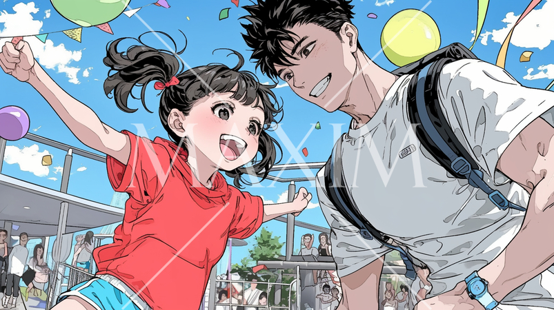 父親と外出して大喜びの少女