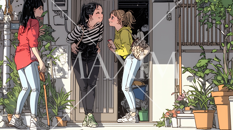 道端で会話を楽しむ若い主婦たち（ママ友たち）