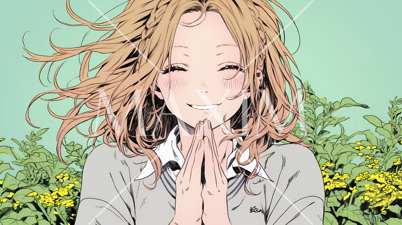 にっこり笑って手を合わせて「お願い」と甘える若い女性