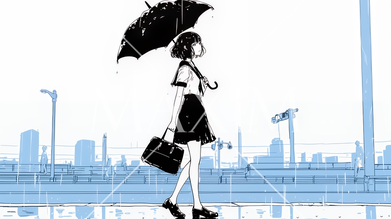 雨の日に傘をさして歩く若い女性（シンプルな色使い）